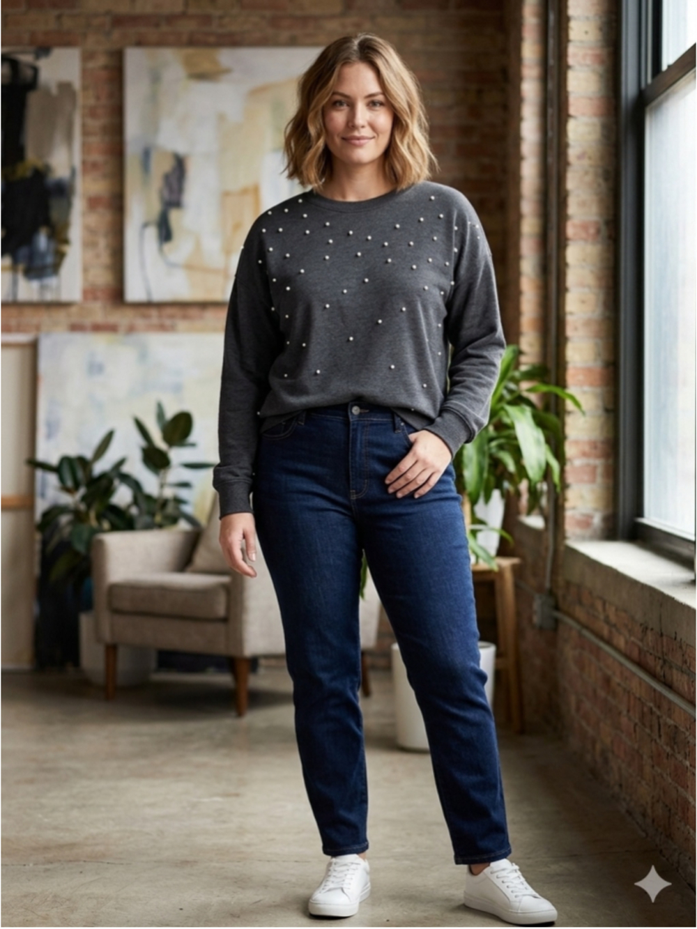 Women's Elle Pearl Embellished Sweatshirt Grey Size XL. 2017
